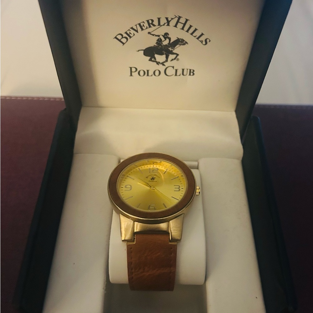 Beverly Hills Polo Club Men's Gold Dial Watch with Brown Strap